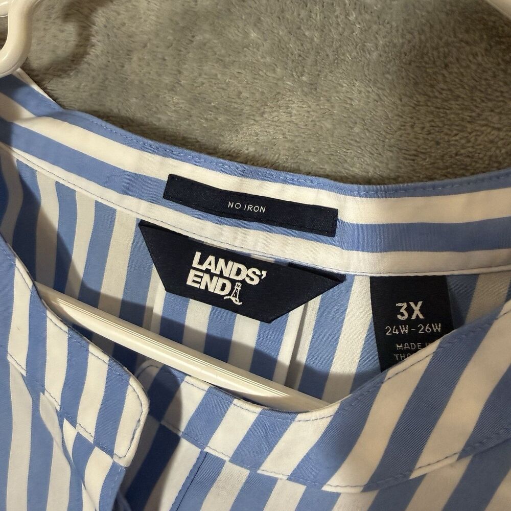 -Lands End Cotton No Iron Tunic Womens 3X Blue White Striped Band Collar Blouse